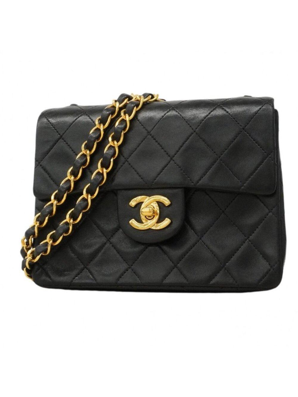 Chanel Shoulder Bag Mini Quilted Lambskin Black Gold